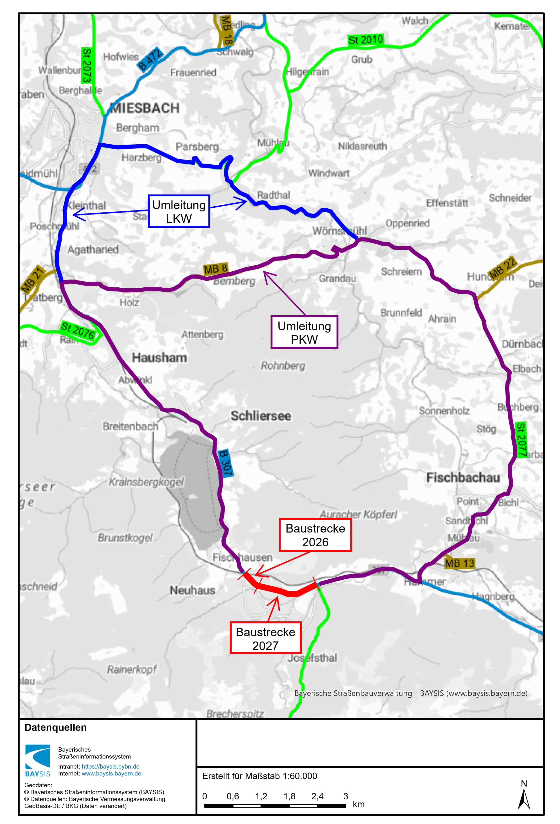 Umleitungsplan zur Vollsperrung der B 307 in Neuhaus am Schliersee.