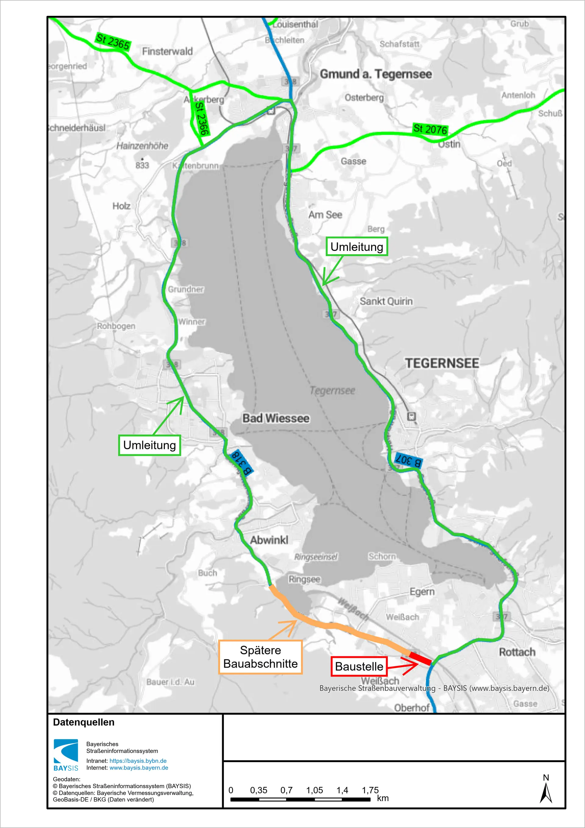 Umleitungsplan zur Baustelle an der Bundesstraße B 318 zwischen Ringbergweg und Bachmairweg bei Weißach am Tegernsee mit Umleitung über die Ostseite des Tegernsees.